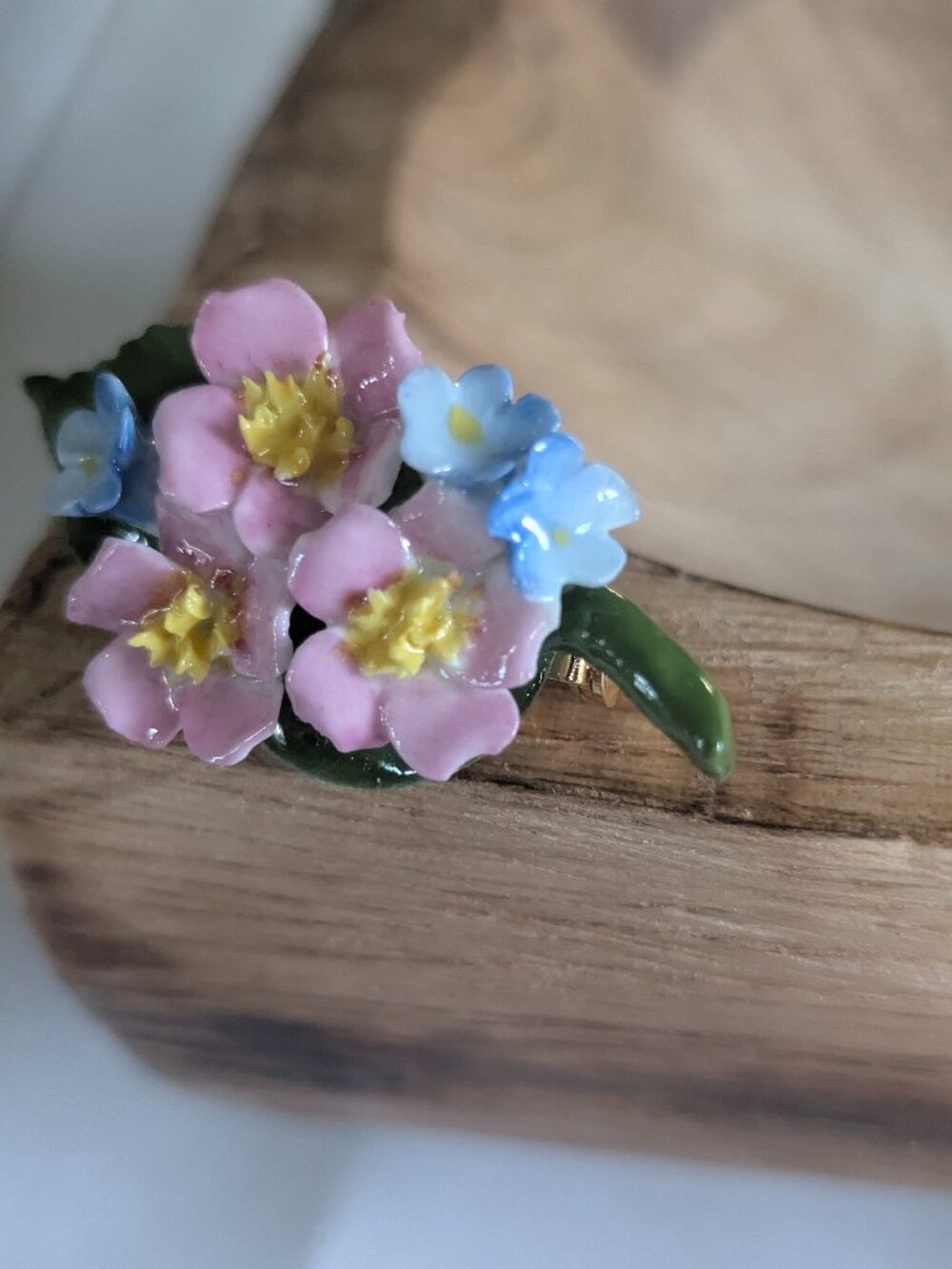 Vintage Floral Delicate Pink Blue Porcelain Brooch